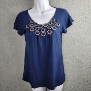 Style & Co Top Blouse Womens M Blue Embellished Neck Interlaced Wood Rings